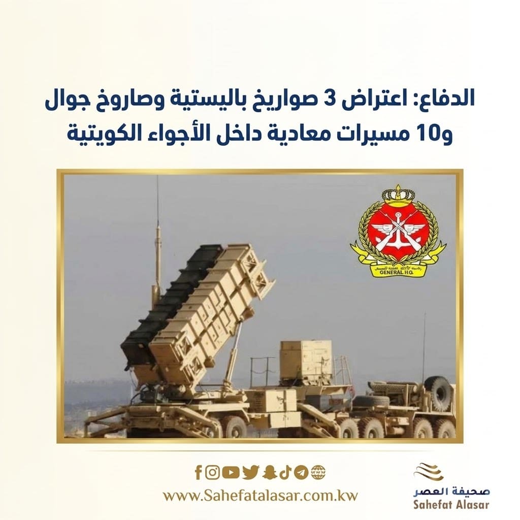 الدفاع: اعتراض 3 صواريخ باليستية وصاروخ جوال و10 مسيرات معادية داخل الأجواء الكويتية ..