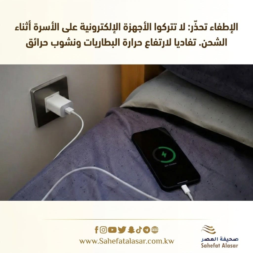 الإطفاء تحذّر: لا تتركوا الأجهزة الإلكترونية على الأسرة أثناء الشحن. تفاديا لارتفاع حرارة البطاريات ونشوب حرائق..