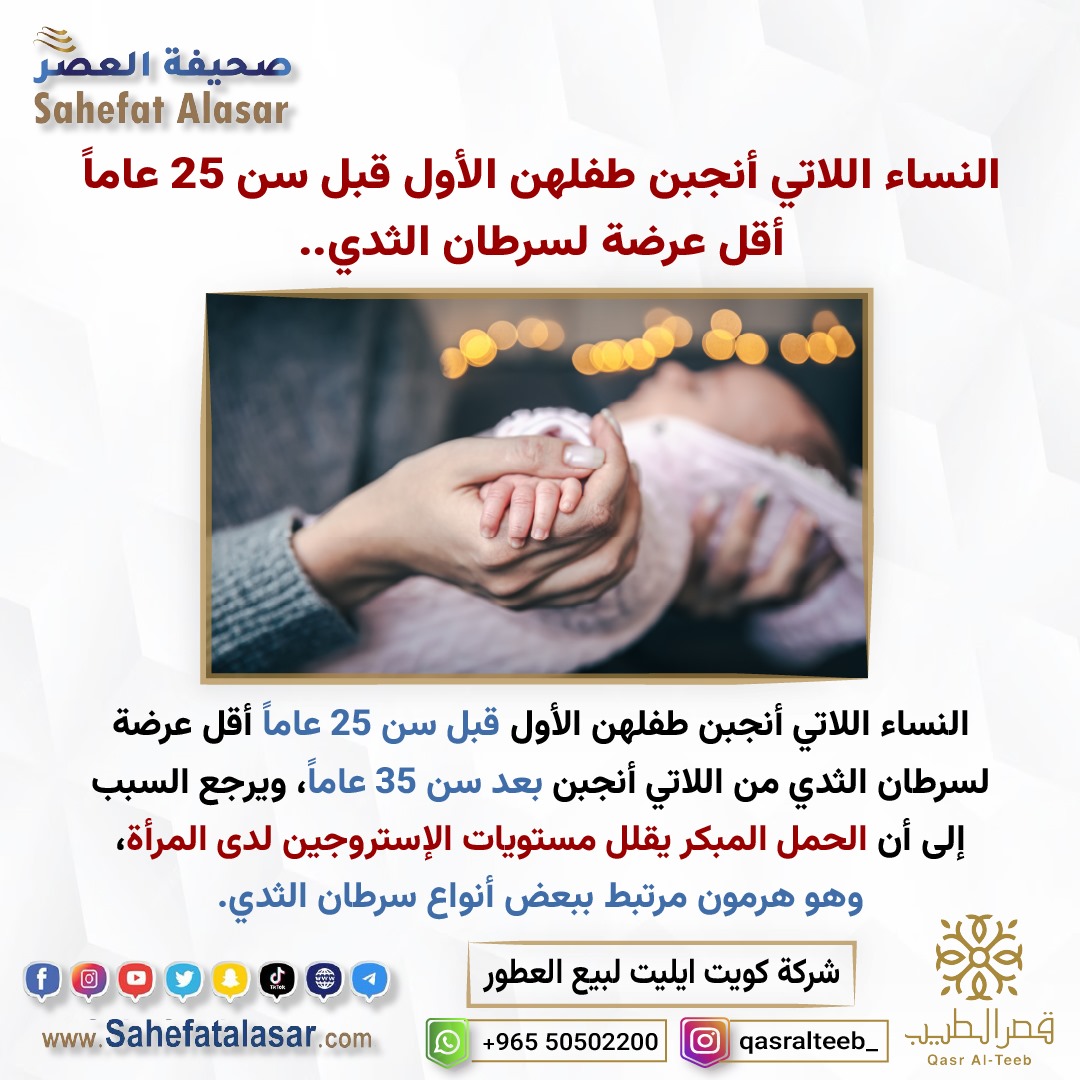 النساء اللاتي أنجبن طفلهن الأول قبل سن 25 عاماً أقل عرضة لسرطان الثدي..